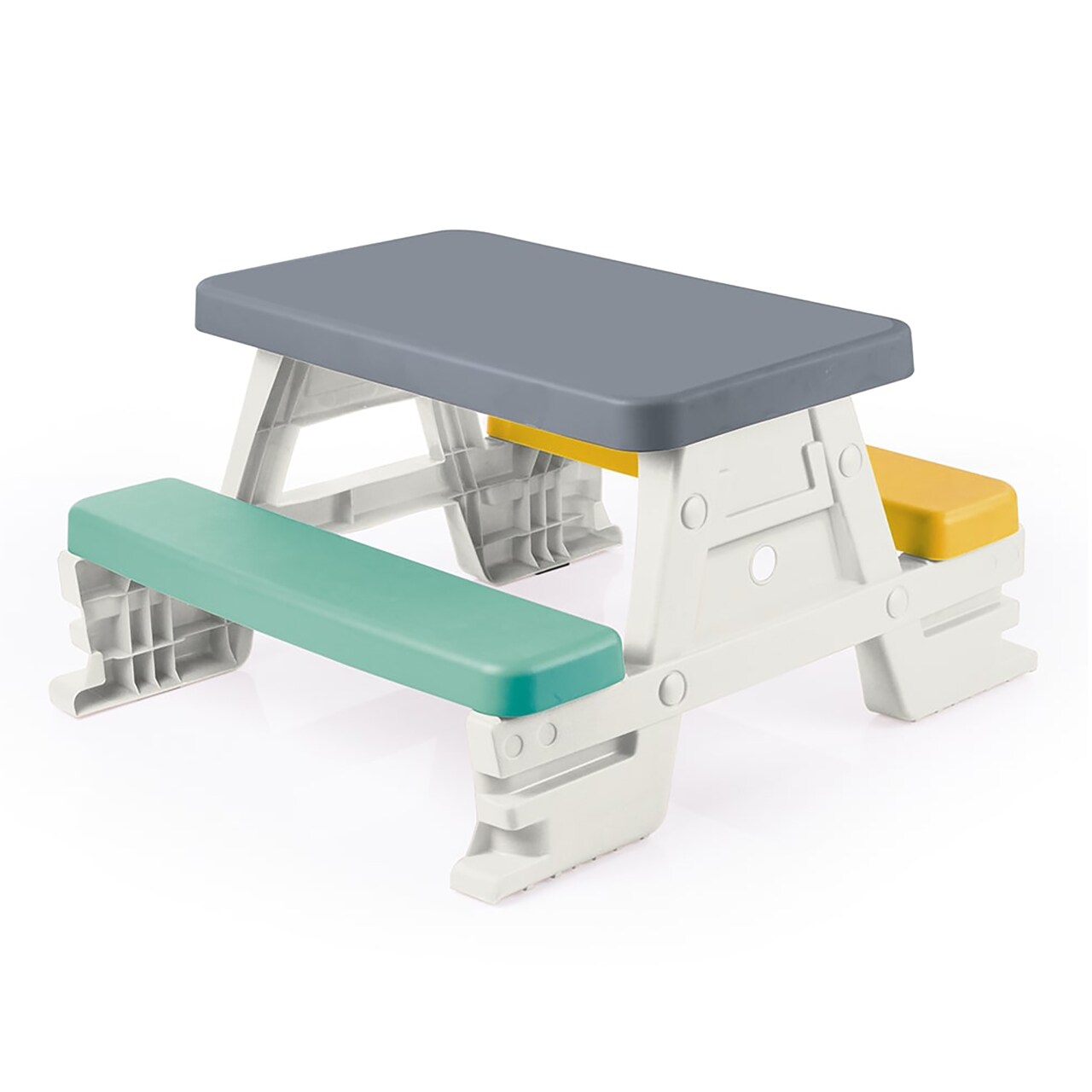 Dolu: Picnic Table for 4: White, Green, Yellow - Indoor/Outdoor, Bench Seating, Durable Waterproof Plastic Toy, 30.3 x 28 x 17", Toddler Kids Age 2+